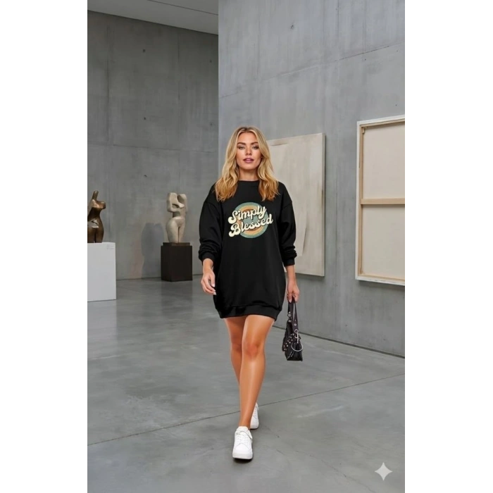 MARSiLYAN- Kadın Uzun Kollu Bisiklet Yaka Yazılı Viskon Iki Iplik Elbise