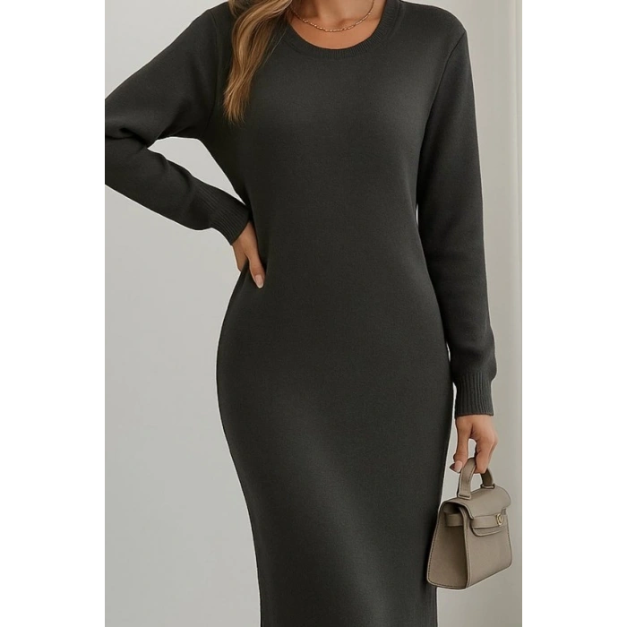 MARSiLYAN- Kadın Uzun Kollu Bisiklet Yaka Yırtmaç Detay Triko Midi Boy Elbise