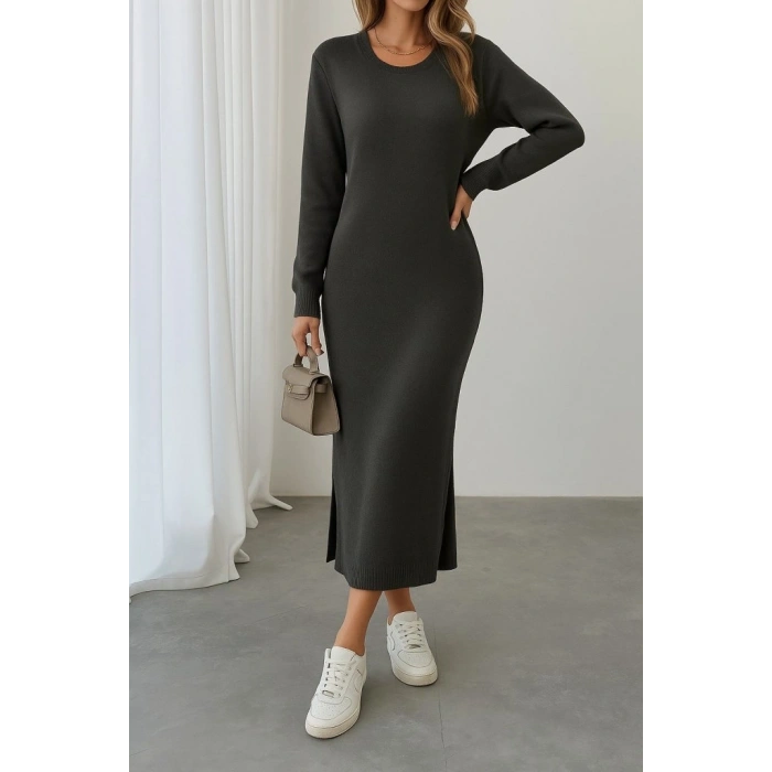 MARSiLYAN- Kadın Uzun Kollu Bisiklet Yaka Yırtmaç Detay Triko Midi Boy Elbise