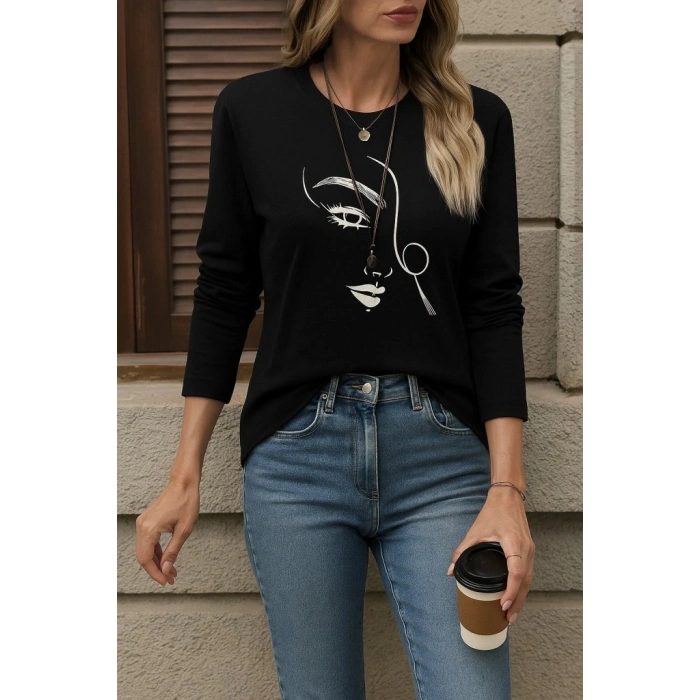MARSiLYAN- Kadın Uzun Kollu Bisiklet Yaka Yüz Desenli Viskon Bluz