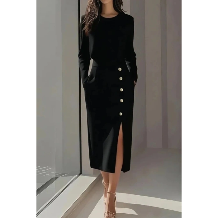 MARSiLYAN- Kadın Uzun Kollu Bisiklet Yakalı Yandan Yırtmaçlı Düğmeli Midi Ithal Krep Elbise