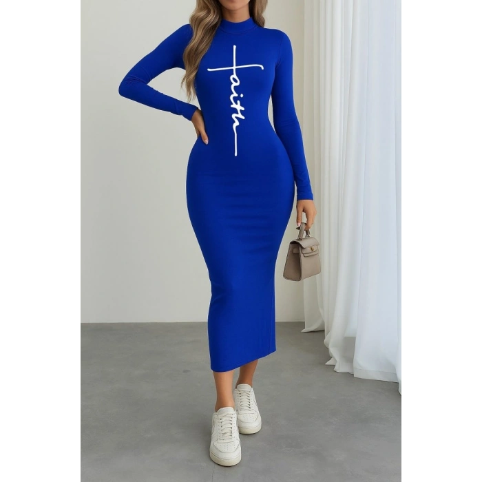 MARSiLYAN- Kadın Uzun Kollu Boğazlı Baskı Detaylı Viskon Tam Boy Elbise