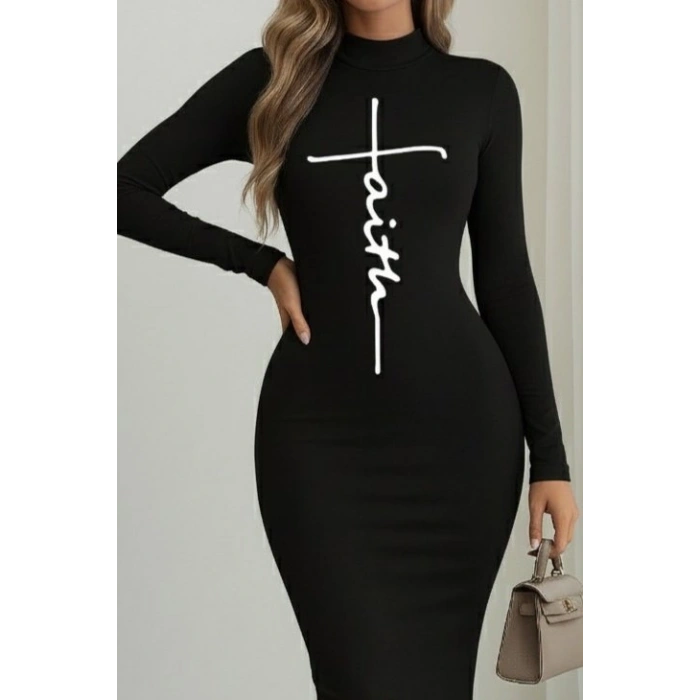 MARSiLYAN- Kadın Uzun Kollu Boğazlı Baskı Detaylı Viskon Tam Boy Elbise