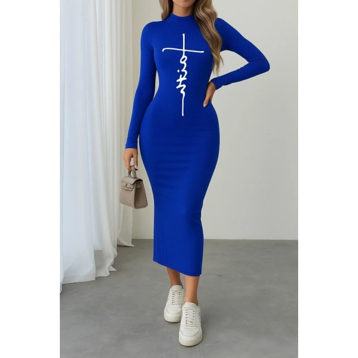 MARSiLYAN- Kadın Uzun Kollu Boğazlı Baskı Detaylı Viskon Tam Boy Elbise