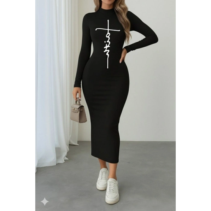 MARSiLYAN- Kadın Uzun Kollu Boğazlı Baskı Detaylı Viskon Tam Boy Elbise