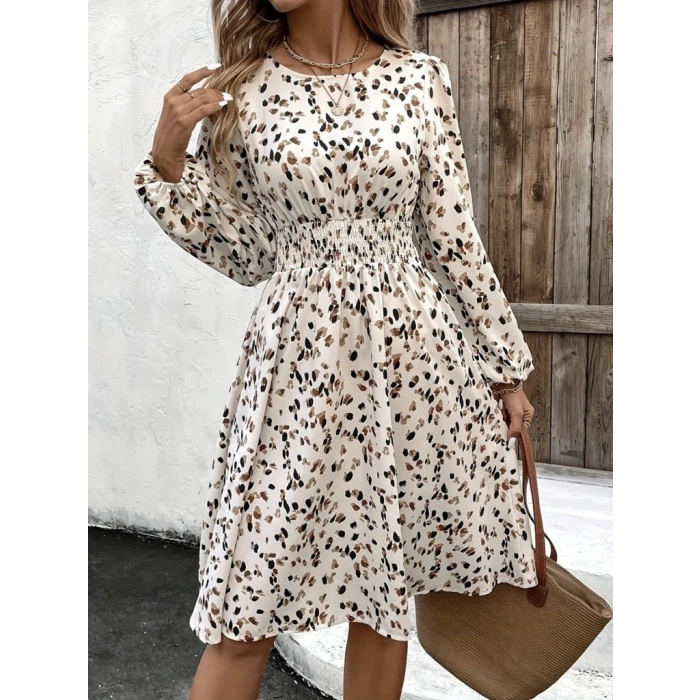 MARSiLYAN- Kadın Uzun Kollu Bot Yaka Beli Lastikli Midi Süprem Elbise