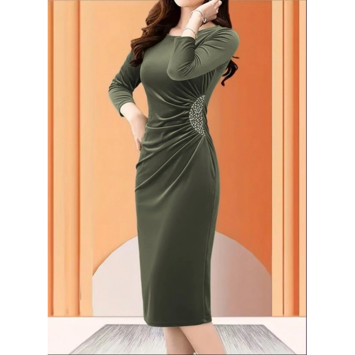 MARSiLYAN- Kadın Uzun Kollu Bot Yaka Yanı Taş Detaylı Midi Kadife Elbise