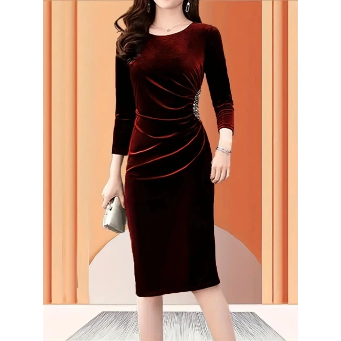 MARSiLYAN- Kadın Uzun Kollu Bot Yaka Yanı Taş Detaylı Midi Kadife Elbise