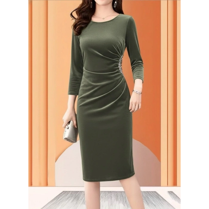 MARSiLYAN- Kadın Uzun Kollu Bot Yaka Yanı Taş Detaylı Midi Kadife Elbise