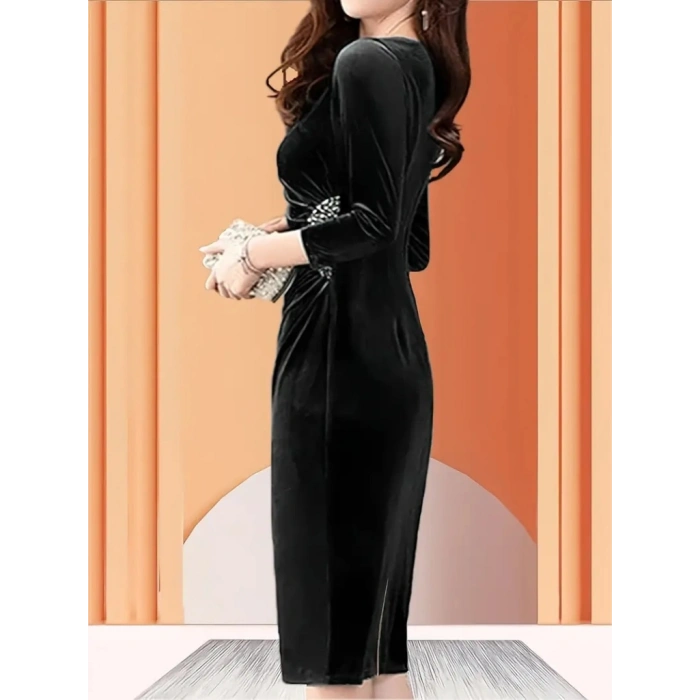 MARSiLYAN- Kadın Uzun Kollu Bot Yaka Yanı Taş Detaylı Midi Kadife Elbise