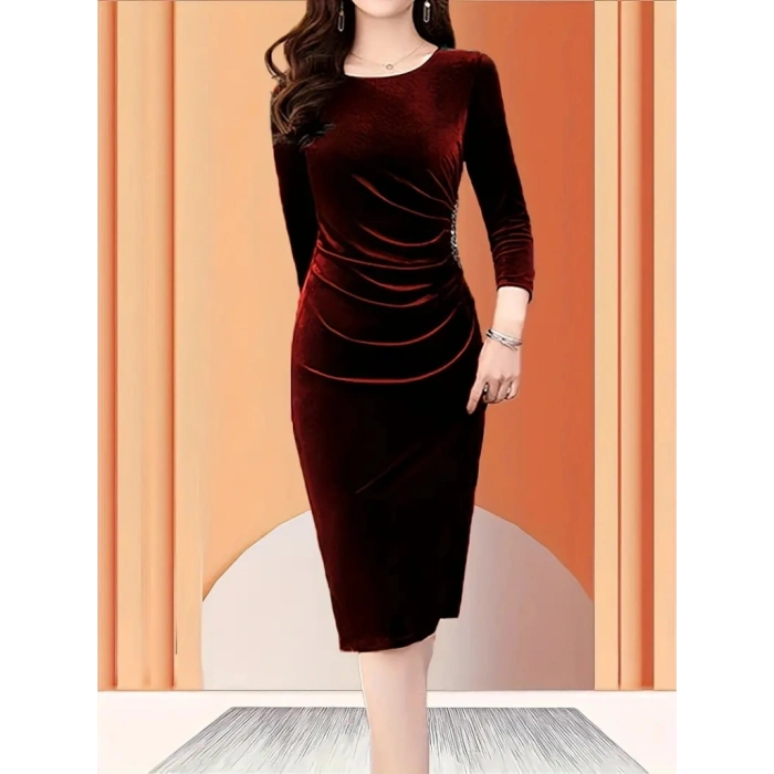 MARSiLYAN- Kadın Uzun Kollu Bot Yaka Yanı Taş Detaylı Midi Kadife Elbise