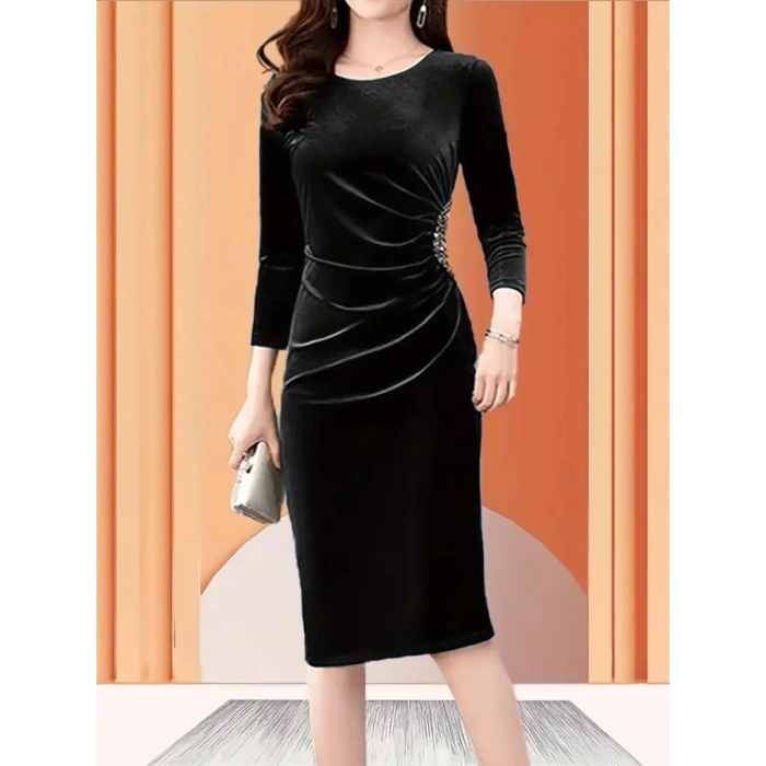 MARSiLYAN- Kadın Uzun Kollu Bot Yaka Yanı Taş Detaylı Midi Kadife Elbise