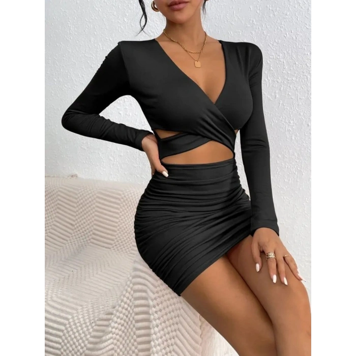 MARSiLYAN- Kadın Uzun Kollu çapraz Dekolte Detaylı Mini Sandy Elbise
