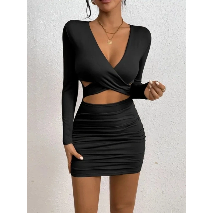 MARSiLYAN- Kadın Uzun Kollu çapraz Dekolte Detaylı Mini Sandy Elbise