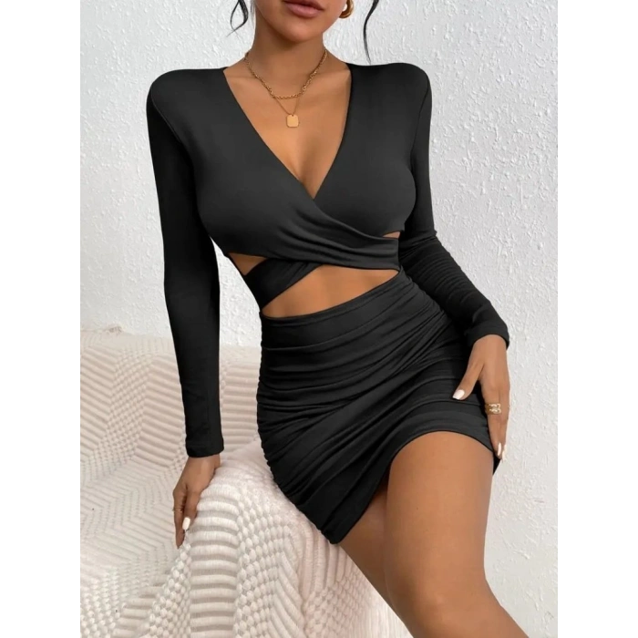 MARSiLYAN- Kadın Uzun Kollu çapraz Dekolte Detaylı Mini Sandy Elbise