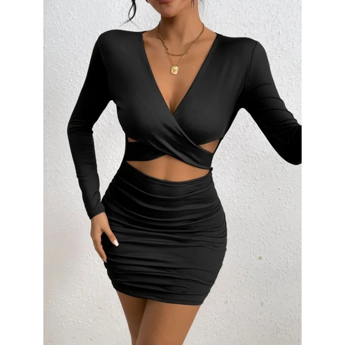 MARSiLYAN- Kadın Uzun Kollu çapraz Dekolte Detaylı Mini Sandy Elbise