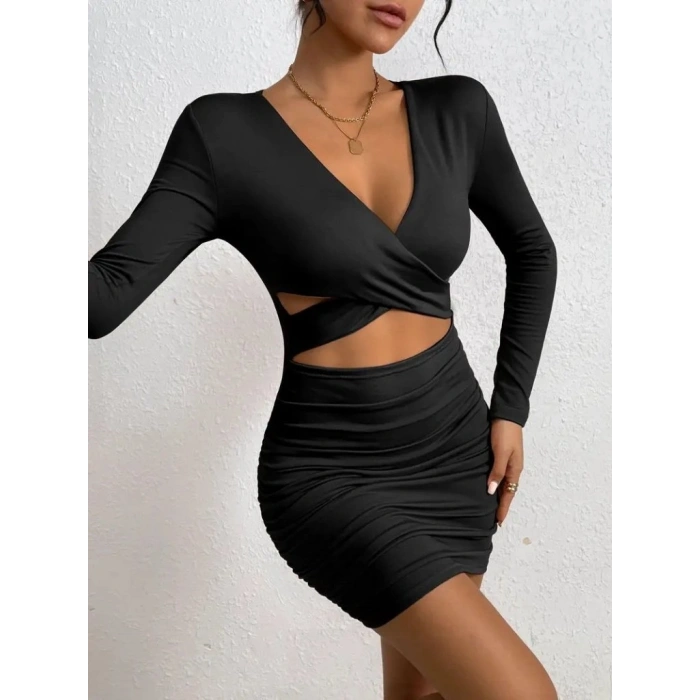 MARSiLYAN- Kadın Uzun Kollu çapraz Dekolte Detaylı Mini Sandy Elbise