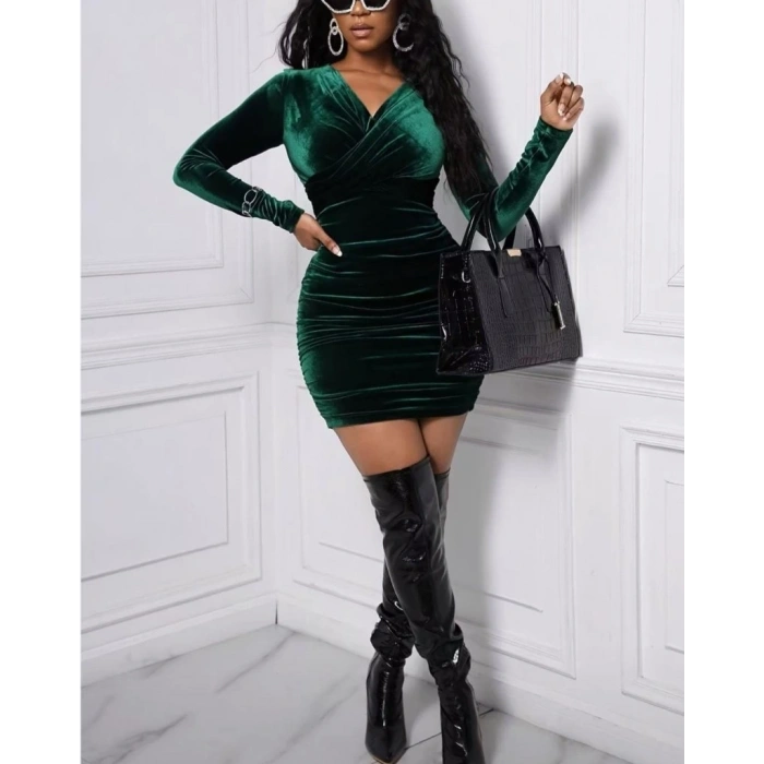 MARSiLYAN- Kadın Uzun Kollu çapraz Yakalı Mini Kadife Elbise