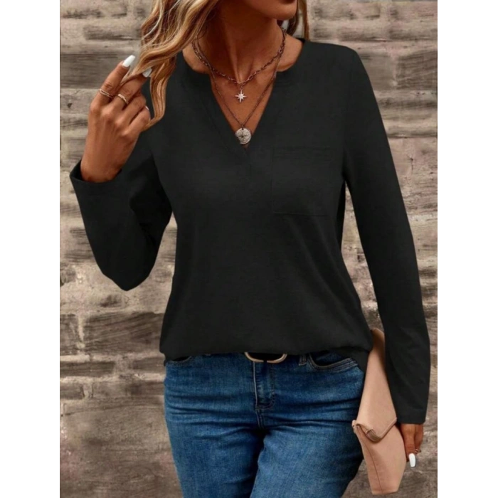 MARSiLYAN- Kadın Uzun Kollu Cepli V Yakalı Viskon Iki Iplik Bluz