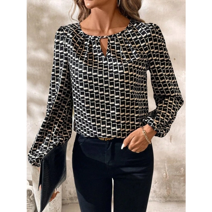 MARSiLYAN- Kadın Uzun Kollu Damla Detaylı Yaka Desenli Süprem Bluz