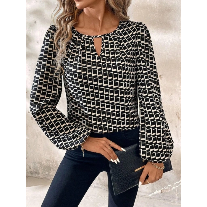 MARSiLYAN- Kadın Uzun Kollu Damla Detaylı Yaka Desenli Süprem Bluz