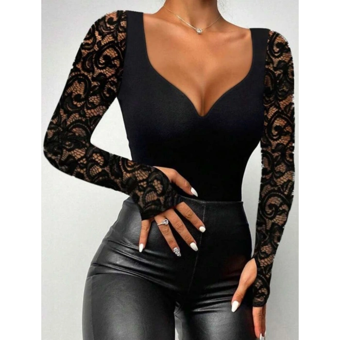 MARSiLYAN- Kadın Uzun Kollu Dantelli Dekolte Detaylı Dalgıç Bluz