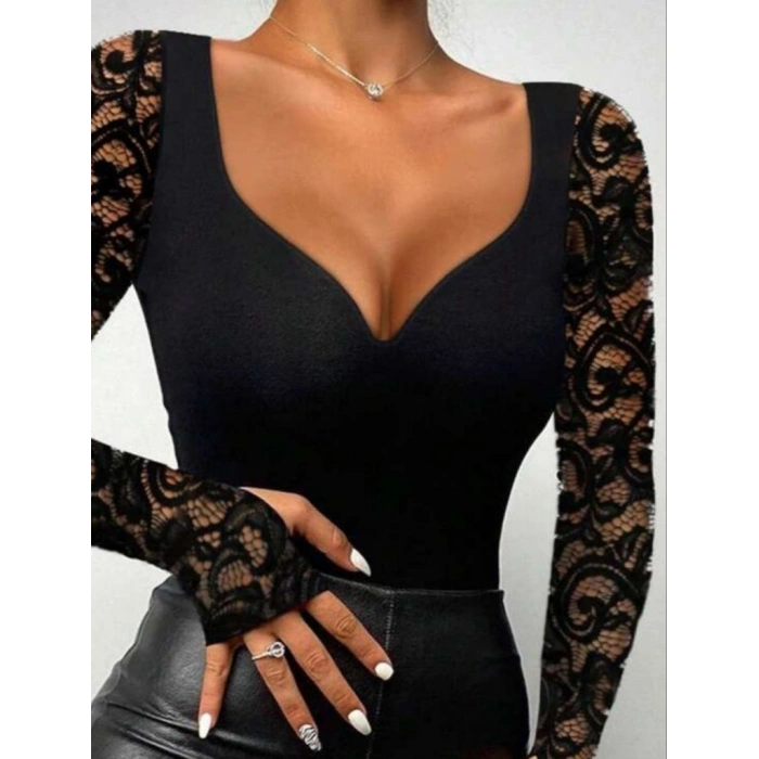 MARSiLYAN- Kadın Uzun Kollu Dantelli Dekolte Detaylı Dalgıç Bluz