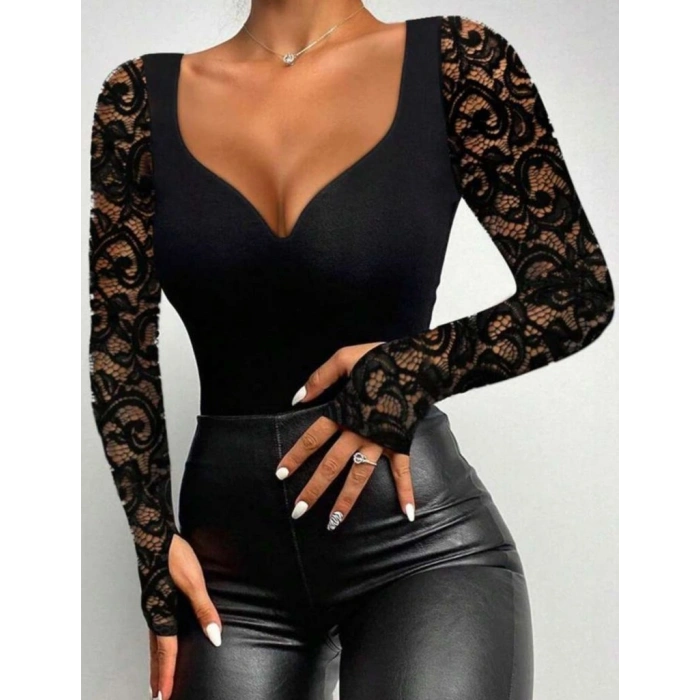 MARSiLYAN- Kadın Uzun Kollu Dantelli Dekolte Detaylı Dalgıç Bluz