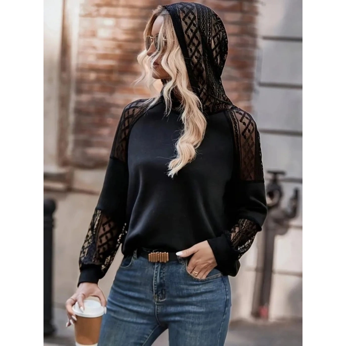 MARSiLYAN- Kadın Uzun Kollu Dantelli Kapşonlu Viskon Iki Iplik Bluz