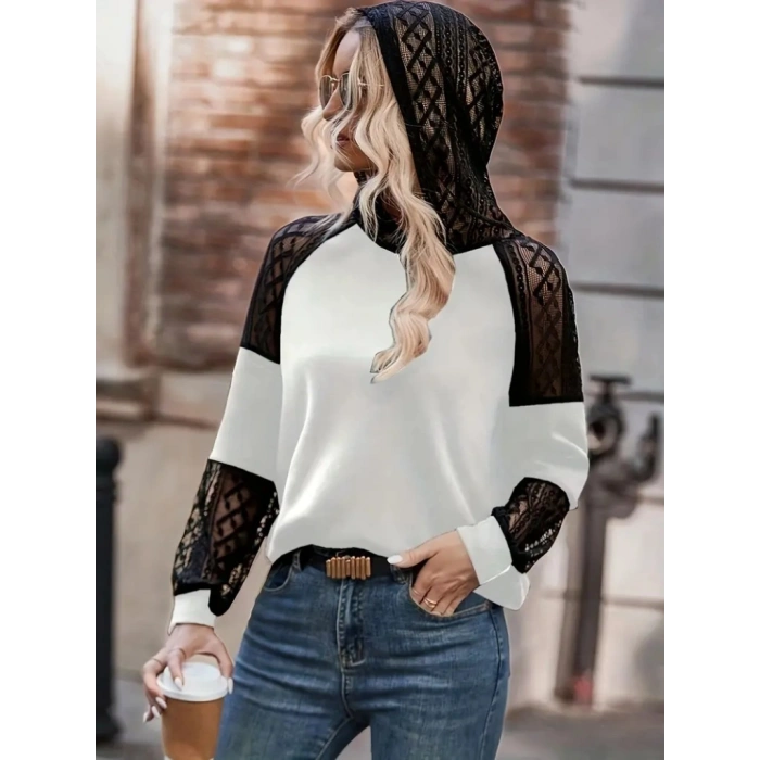 MARSiLYAN- Kadın Uzun Kollu Dantelli Kapşonlu Viskon Iki Iplik Bluz