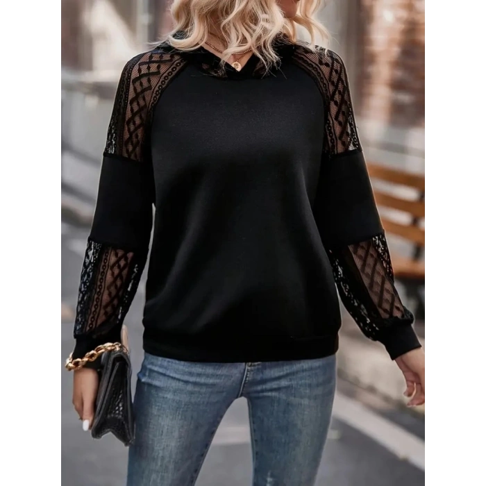 MARSiLYAN- Kadın Uzun Kollu Dantelli Kapşonlu Viskon Iki Iplik Bluz