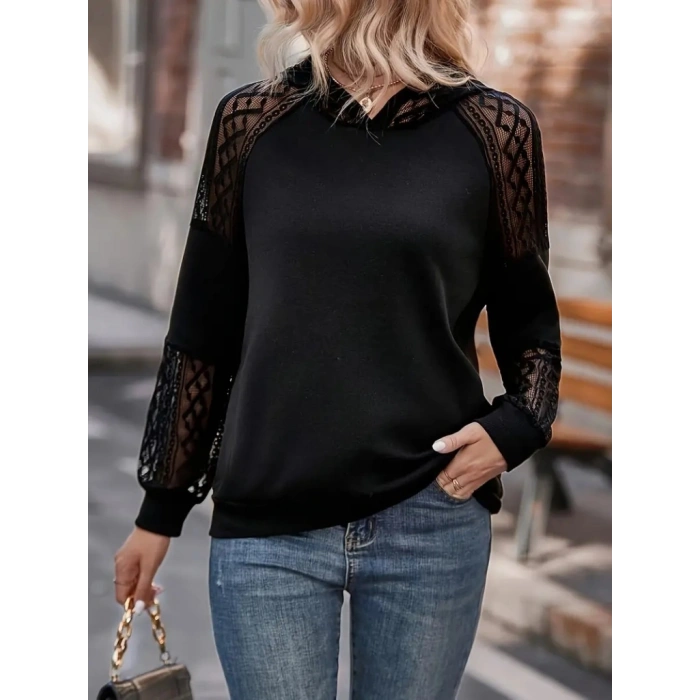 MARSiLYAN- Kadın Uzun Kollu Dantelli Kapşonlu Viskon Iki Iplik Bluz