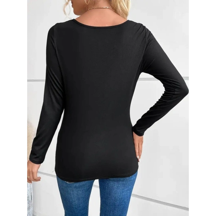 MARSiLYAN- Kadın Uzun Kollu Derin Degaje Yakalı Taşlı Sandy Bluz