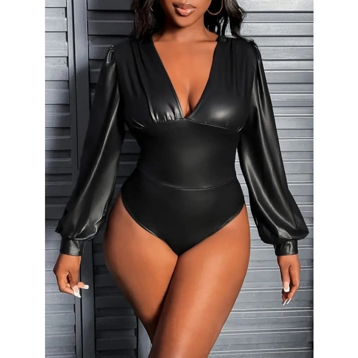 MARSiLYAN- Kadın Uzun Kollu Derin V Yakalı Deri Zıbın