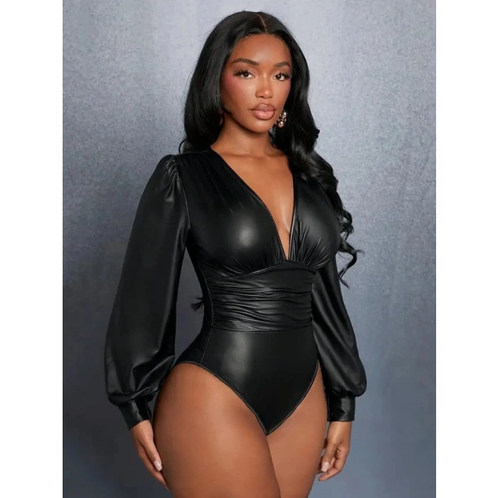 MARSiLYAN- Kadın Uzun Kollu Derin V Yakalı Deri Zıbın