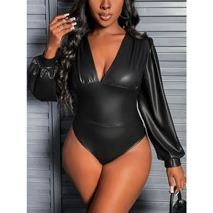 MARSiLYAN- Kadın Uzun Kollu Derin V Yakalı Deri Zıbın