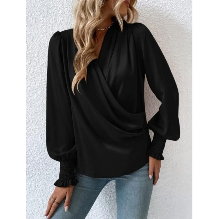 MARSiLYAN- Kadın Uzun Kollu Dökümlü Kruvaze Yaka Kol Ucu Gipeli Sandy Bluz