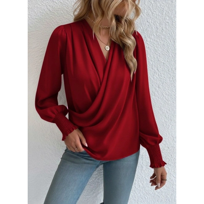 MARSiLYAN- Kadın Uzun Kollu Dökümlü Kruvaze Yaka Kol Ucu Gipeli Sandy Bluz