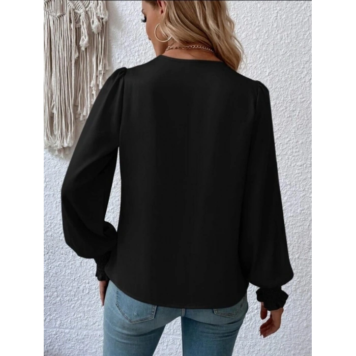 MARSiLYAN- Kadın Uzun Kollu Dökümlü Kruvaze Yaka Kol Ucu Gipeli Sandy Bluz