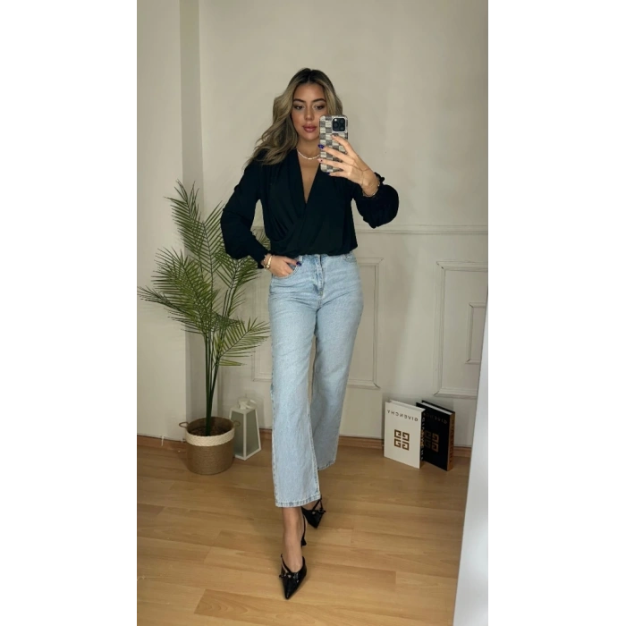 MARSiLYAN- Kadın Uzun Kollu Dökümlü Kruvaze Yaka Kol Ucu Gipeli Sandy Bluz