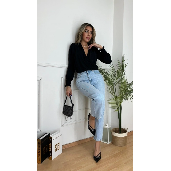 MARSiLYAN- Kadın Uzun Kollu Dökümlü Kruvaze Yaka Kol Ucu Gipeli Sandy Bluz