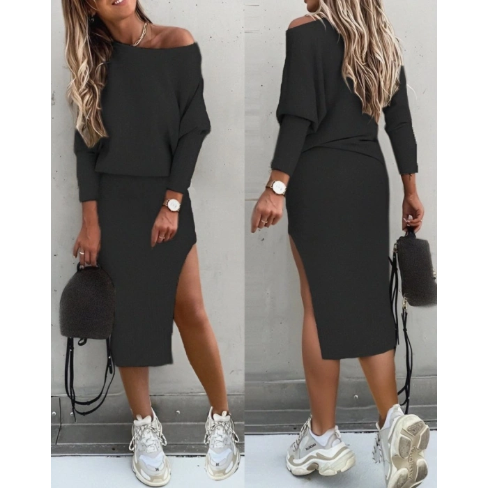 MARSiLYAN- Kadın Uzun Kollu Düşük Omuz Yırtmaç Detay Kaşkorse Etek Bluz Ikili Takım