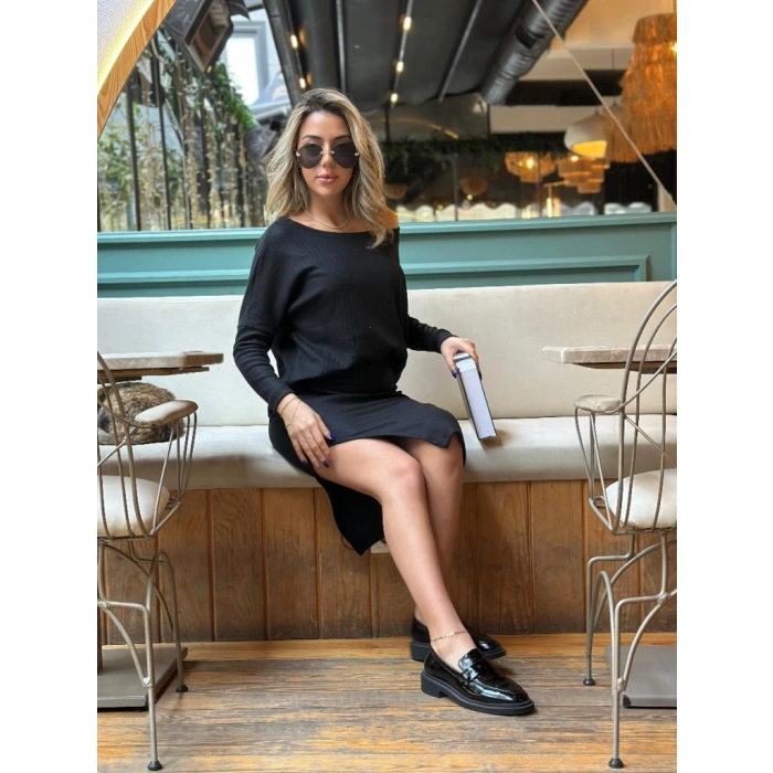 MARSiLYAN- Kadın Uzun Kollu Düşük Omuz Yırtmaç Detay Kaşkorse Etek Bluz Ikili Takım