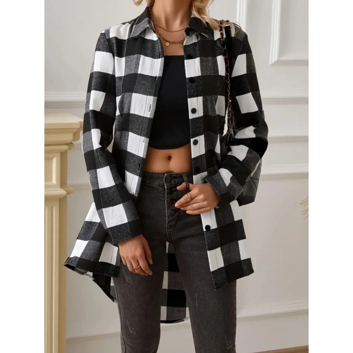 MARSiLYAN- Kadın Uzun Kollu Ekoseli önden Düğmeli Dokuma Uzun Gömlek