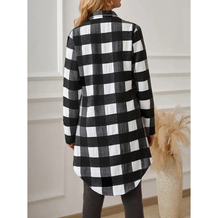 MARSiLYAN- Kadın Uzun Kollu Ekoseli önden Düğmeli Dokuma Uzun Gömlek