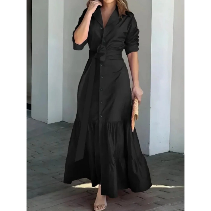 MARSiLYAN- Kadın Uzun Kollu Eteği Fırfırlı Beli Kuşaklı Trikoton Tam Boy Gömlek Elbise