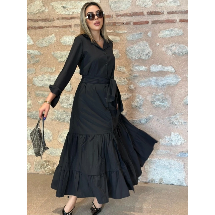 MARSiLYAN- Kadın Uzun Kollu Eteği Fırfırlı Beli Kuşaklı Trikoton Tam Boy Gömlek Elbise