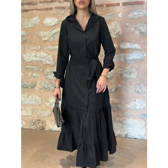 MARSiLYAN- Kadın Uzun Kollu Eteği Fırfırlı Beli Kuşaklı Trikoton Tam Boy Gömlek Elbise