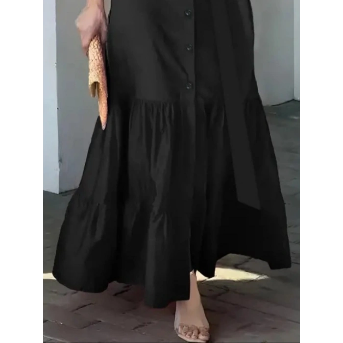 MARSiLYAN- Kadın Uzun Kollu Eteği Fırfırlı Beli Kuşaklı Trikoton Tam Boy Gömlek Elbise