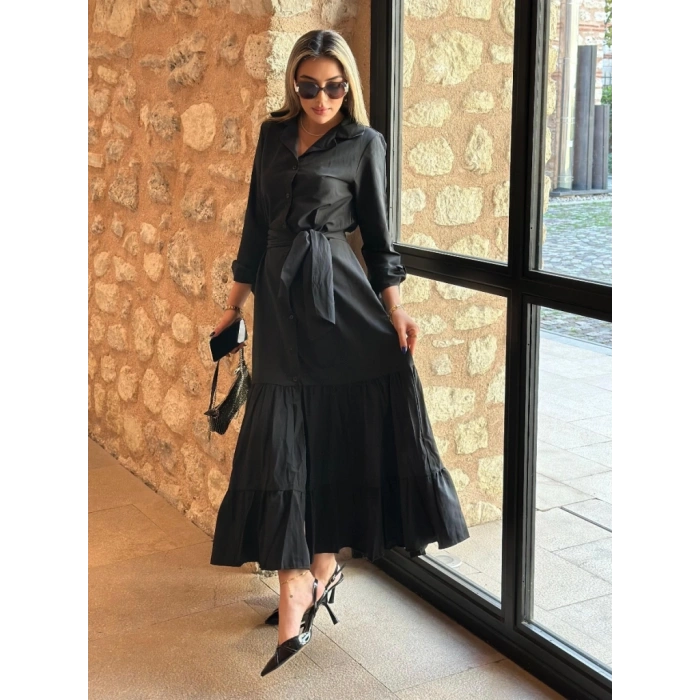 MARSiLYAN- Kadın Uzun Kollu Eteği Fırfırlı Beli Kuşaklı Trikoton Tam Boy Gömlek Elbise